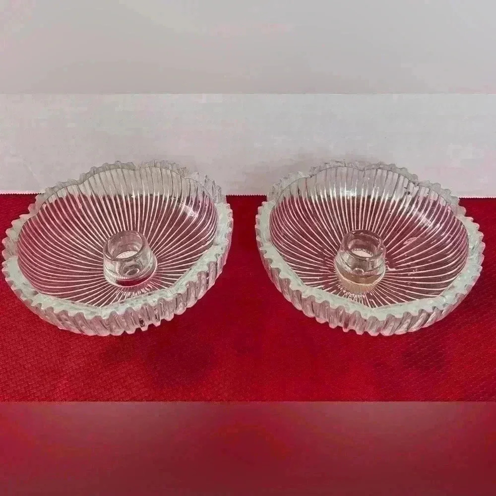 Vintage Large Peg Round Scalloped Ribbed Att Glass Saucer Bobeche Candle insert.